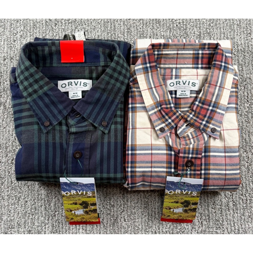 Lot of 2 Orvis Plaid Button Down Shirt Mens Medium Multicolor Cotton NWT